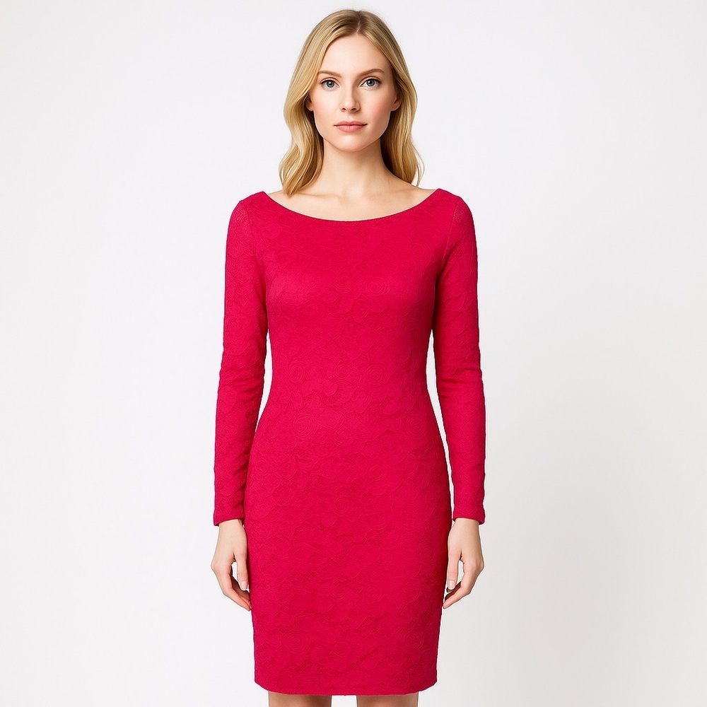 Ingrid & Isabel hot pink boat‎ neck pointelle long sleeve sheath dress, size s